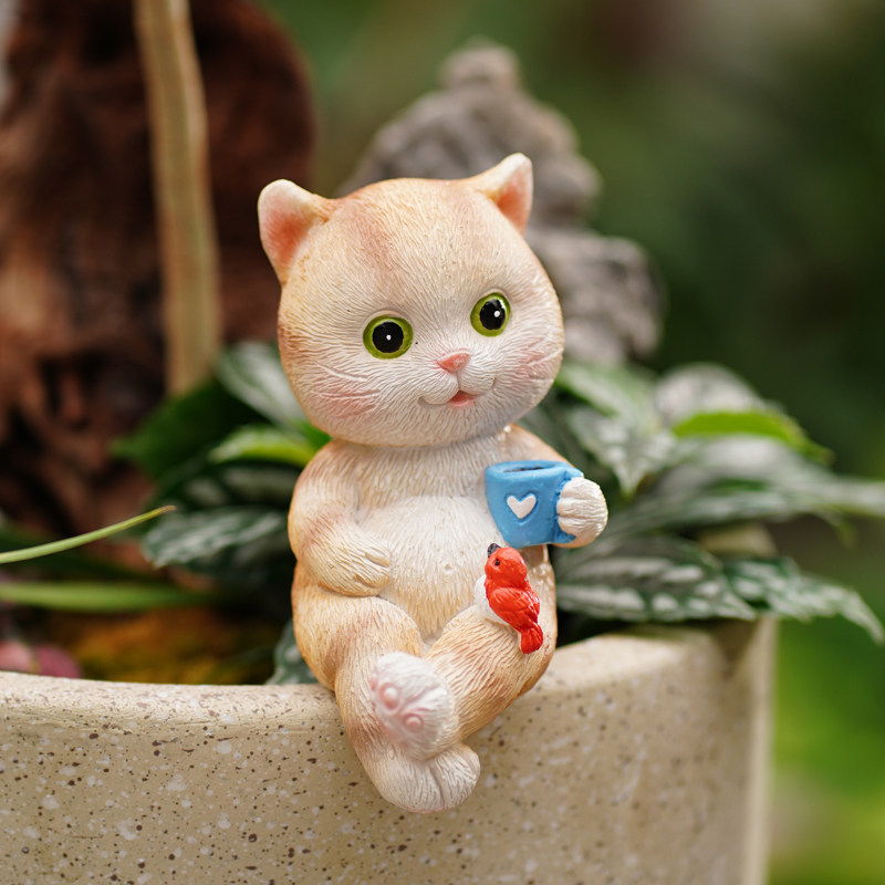 可爱小猫喝咖啡桌边装饰阳台庭院花盆坐姿摆件吊脚电视柜布景摆设