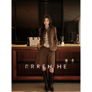 RRREN HE【秋日伦敦】高级感棕色羊毛外套女高腰直筒短裤两件套装