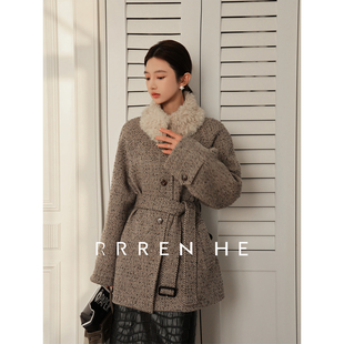 RRREN HE【塞纳河畔】羊毛毛呢大衣中长款女款秋冬大毛领保暖外套