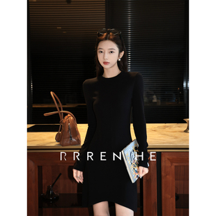 RRREN HE【优雅知秋】桑蚕丝羊毛黑色针织连衣裙女秋显瘦圆领裙子