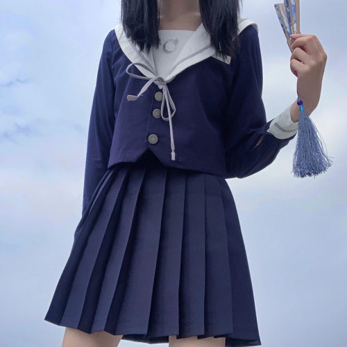 原创冷月关西襟水手服日系学院风绀身灰边月亮刺绣JK制服甜妹穿搭
