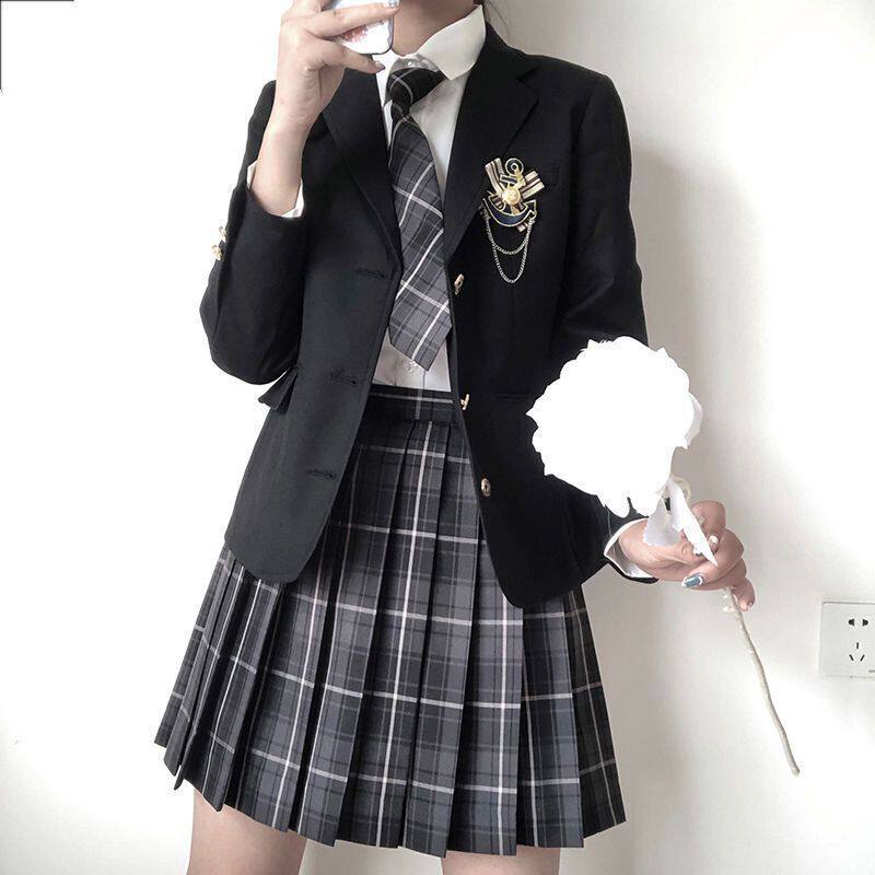 日系原创西装三件套学院风校供纯色修身正肩西服外套衬衫短裙套装