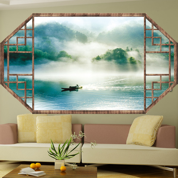 古典八角假窗户厚磨砂自粘贴纸大古城风景客厅墙贴宾馆茶楼装饰画