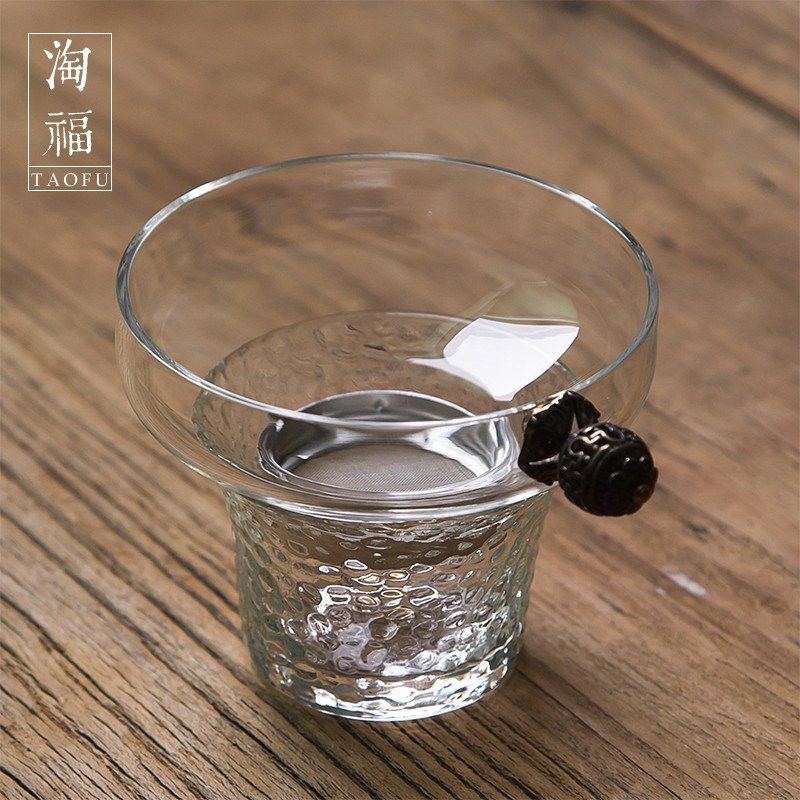 淘福 手工锤纹玻璃茶漏 茶滤 不锈钢过滤网 功夫茶具配件 分茶器