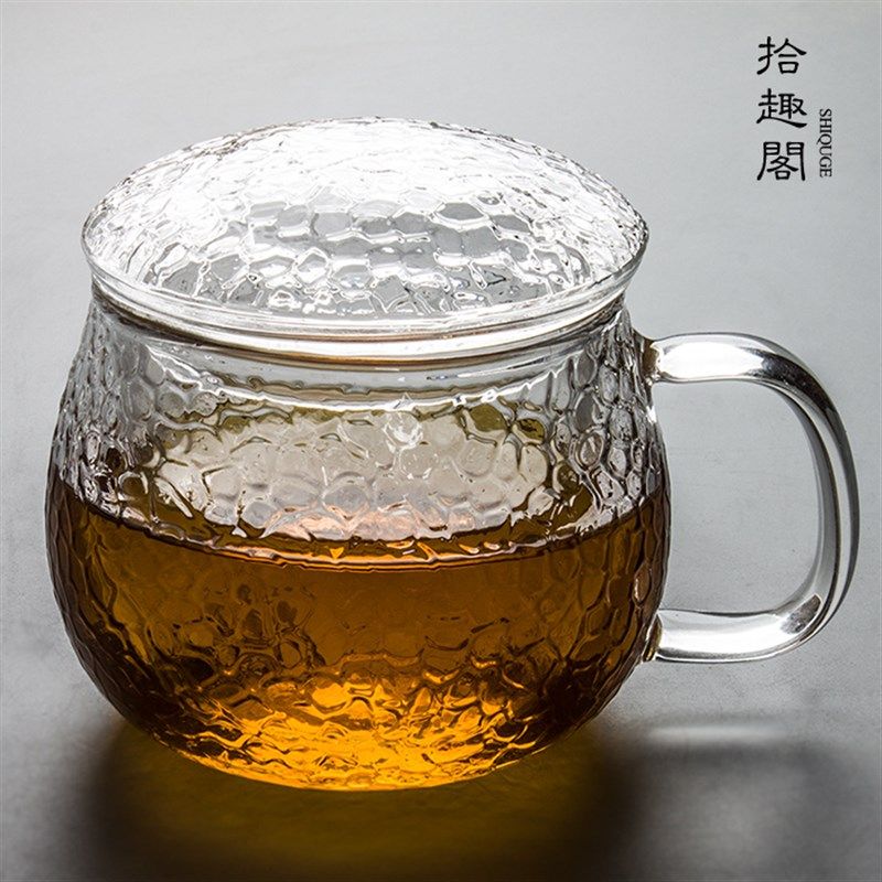 耐热玻璃杯泡茶杯 带过滤大号加厚锤纹水杯 创意办公室带盖花茶杯