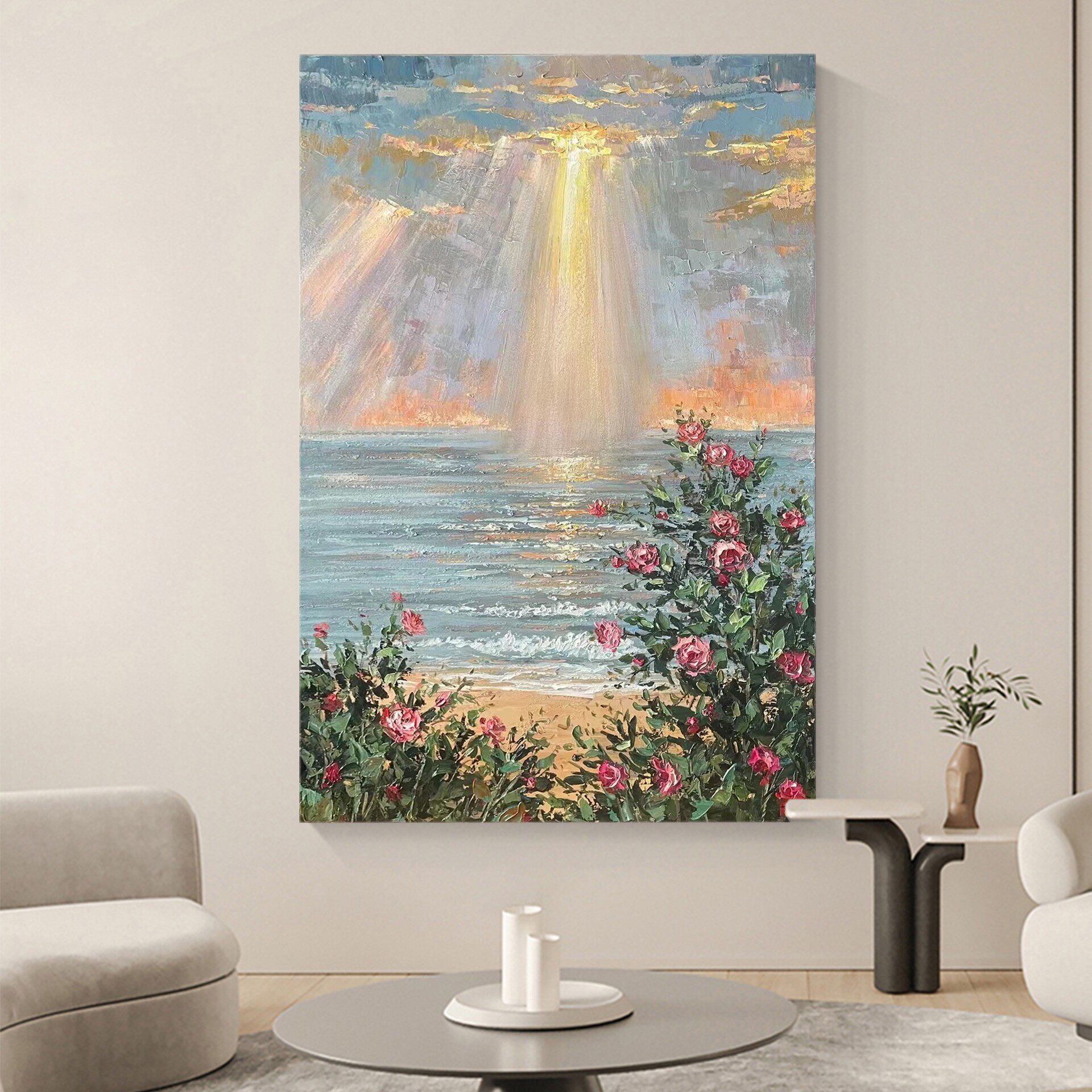 手绘油画风景玄关装饰画现代简约客厅肌理画海上日出走廊竖版挂画