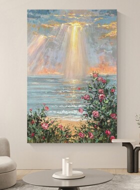 手绘油画风景玄关装饰画现代简约客厅肌理画海上日出走廊竖版挂画