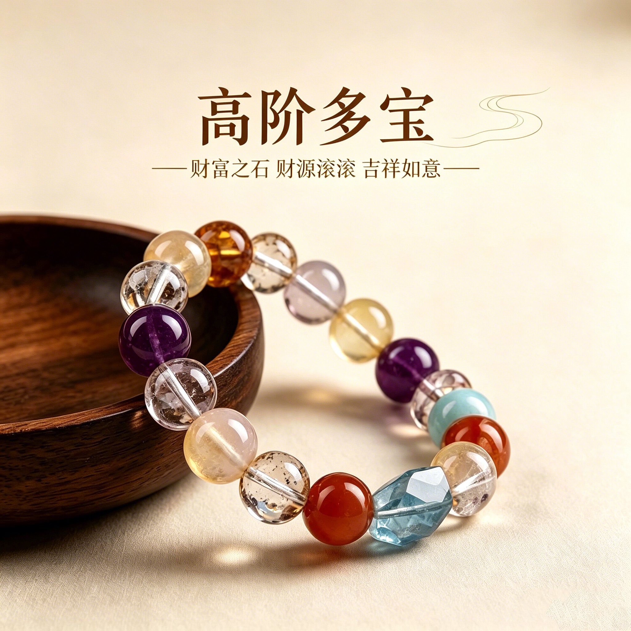 天然水晶海纹石红兔毛超七手串