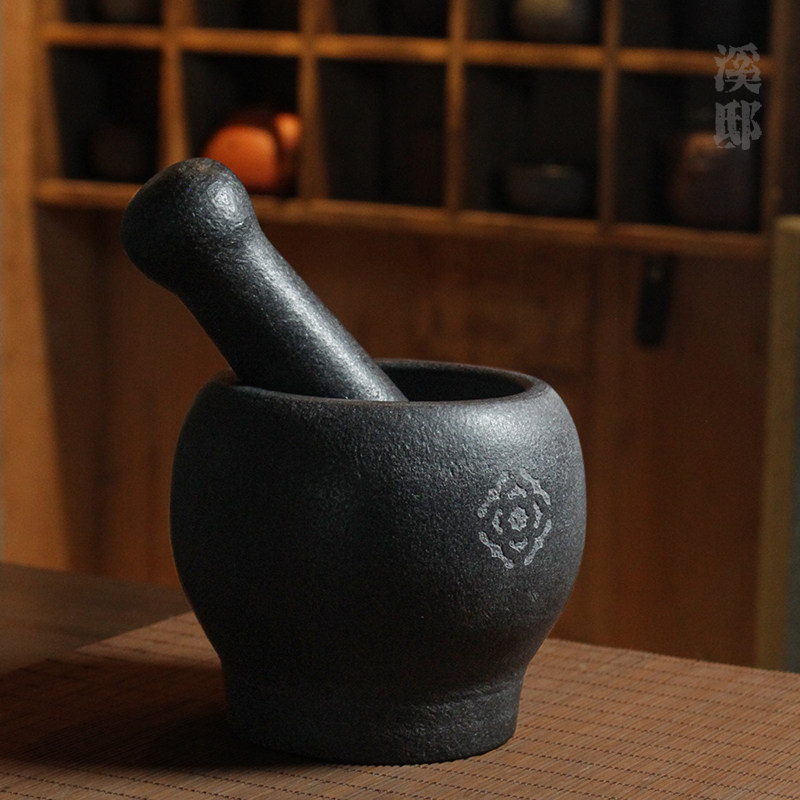 天然乌金石石臼捣蒜泥器手动擂钵研磨压蒜器家用蒜臼子老式捣药罐