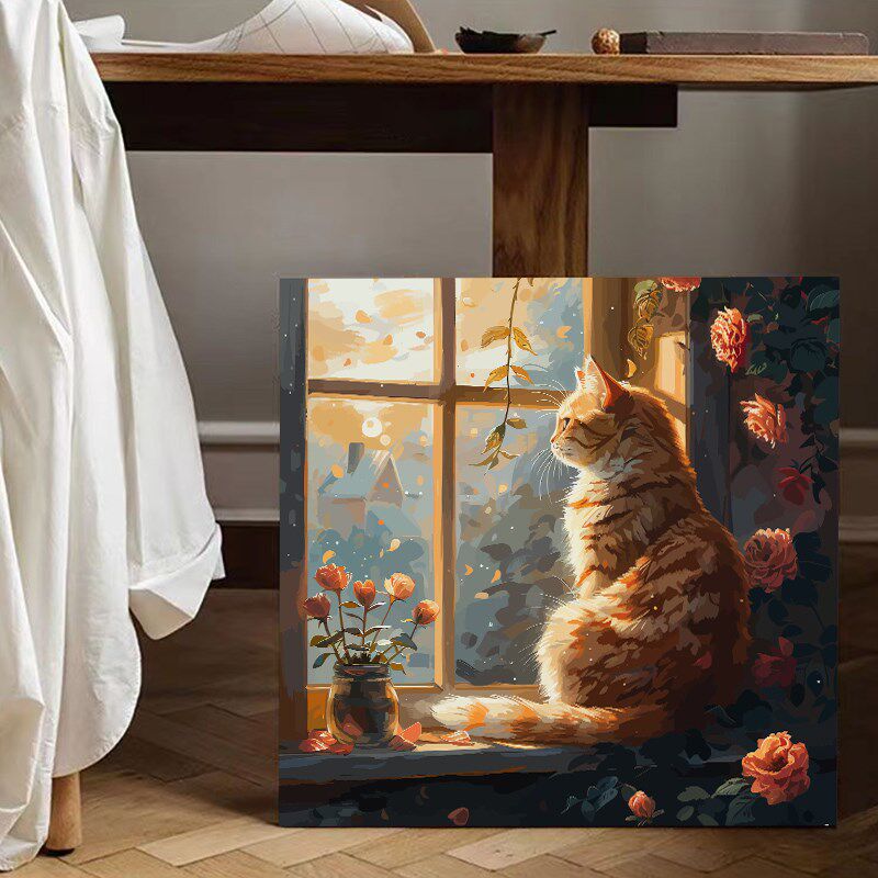 可爱窗台猫咪diy数字油画填充涂色手工绘治愈系丙烯油彩画装饰画