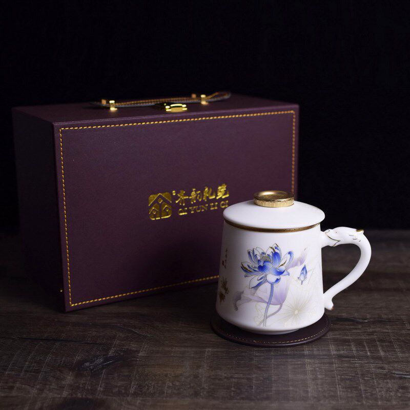 淄博陶瓷中秋高档礼品素烧白玉脂瓷描金莲花大号主人杯盖杯泡茶杯