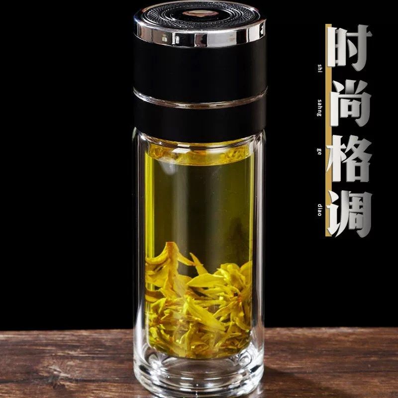 一键开盖车载玻璃杯高档商务泡茶杯单层双层大容量500ml茶水分离