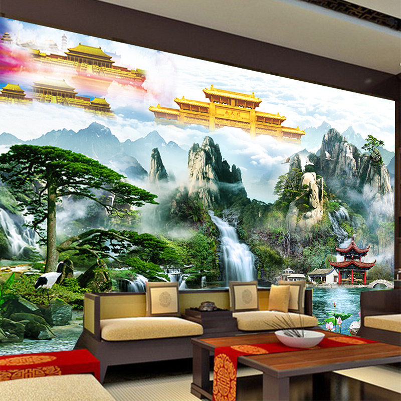 仙境墙纸不老松树鹤瀑布亭台楼阁小桥流水高山风景神画南天门壁纸