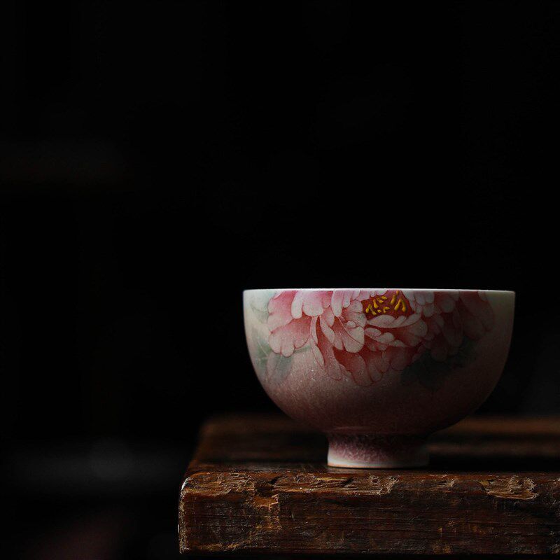 独清 手绘牡丹主人杯 陶瓷单杯女大号品茗杯功夫茶盏杯茶具纯手工
