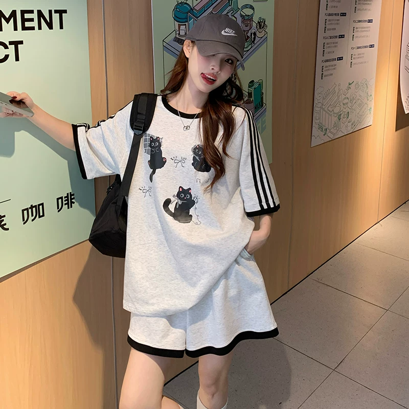几集秋~大码女装夏季休闲短袖学院风套装胖mm运动百搭显瘦套装