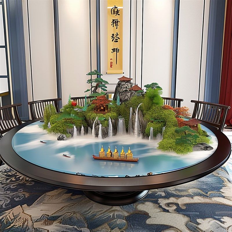 圆桌中间摆件徽派绿植工艺品迎客松转盘沙盘高端圆形艺术山水假花