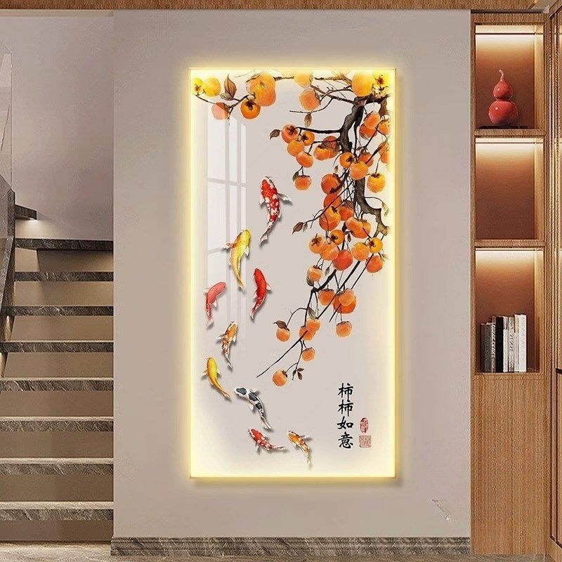 LED带灯走廊玄关装饰画过道拐角楼梯间挂画中式柿事如意客厅壁灯