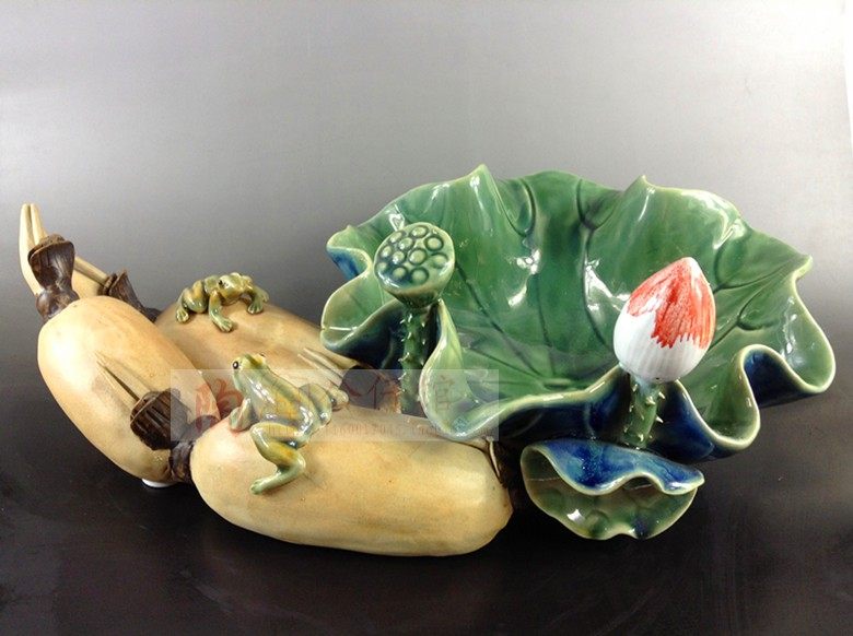 陶瓷工艺品石湾公仔家居装饰品礼品客厅桌面藕摆件荷塘月色盆促销