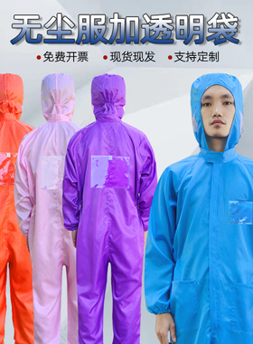 无尘服连体透明袋卡槽背标防静电光伏洁净服紫橙色背贴定制防尘服