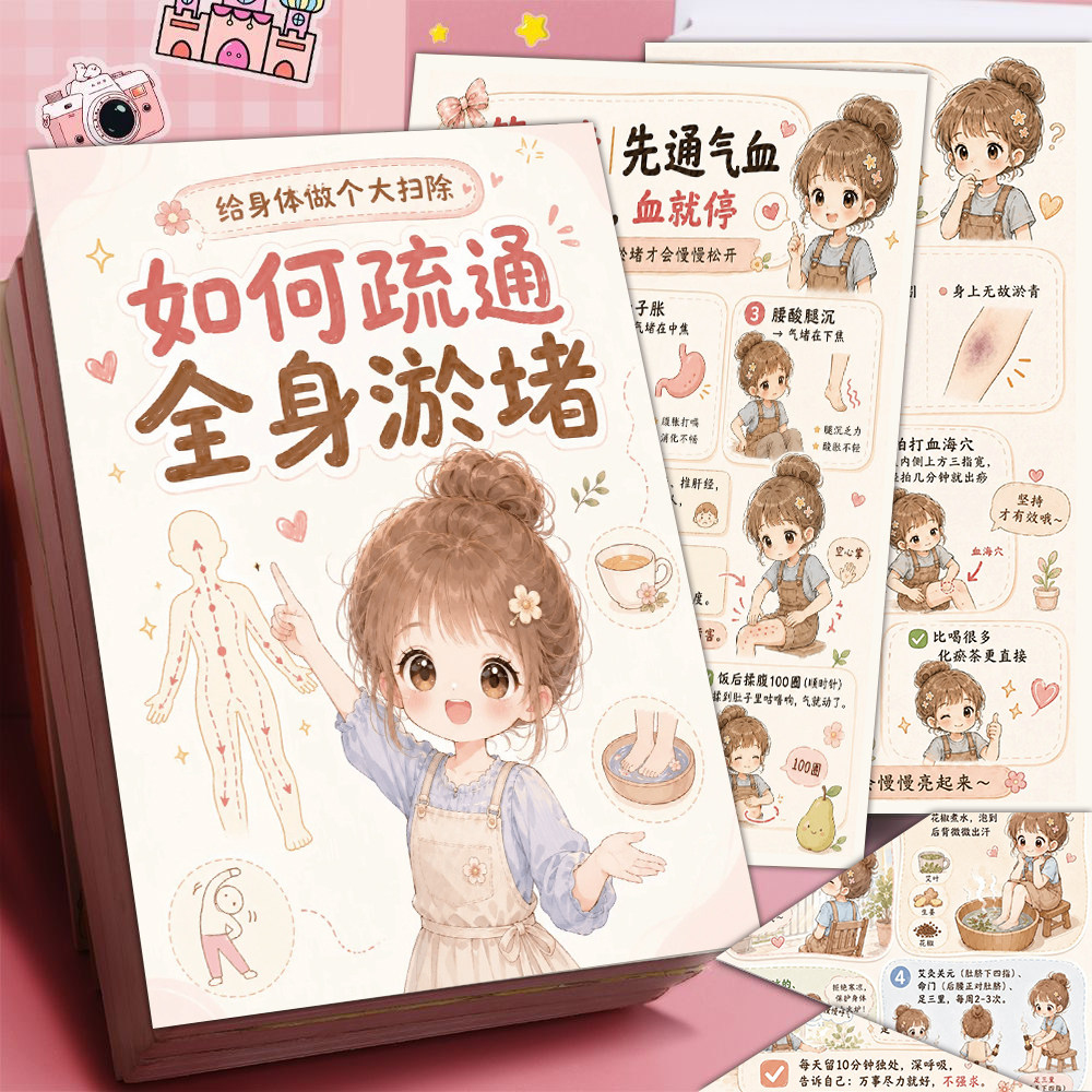 女生全身淤堵调理手帐贴纸 疏通气血养生知识卡通贴画平板行李箱防水DIY装饰贴纸
