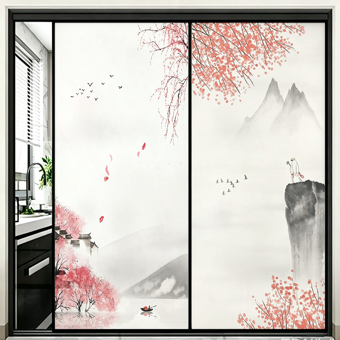 可定制山水画玻璃贴纸阳台客厅移玻璃膜/贴