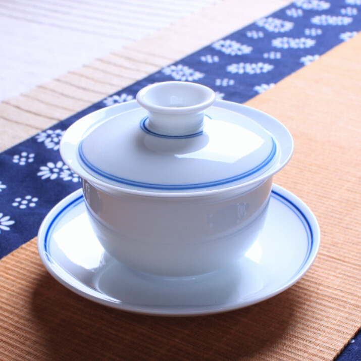 手绘子母线高白瓷 茶碗盖碗茶杯 陶瓷功夫茶具青花瓷泡茶三才碗