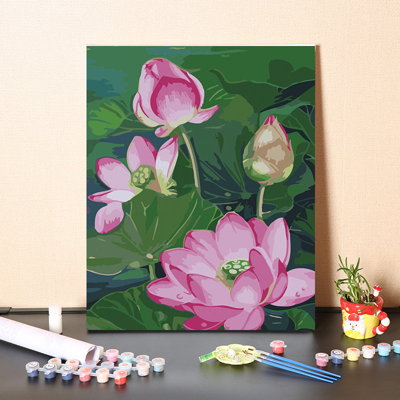 数字油画diy填充油彩画荷塘莲藕莲花减压古风丙烯画手工涂色画画