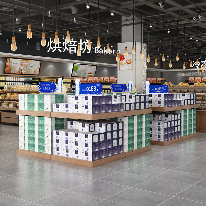 超市货架牛奶堆头展示架奶堆饮料促销台陈列架钢木货架礼品盒地堆