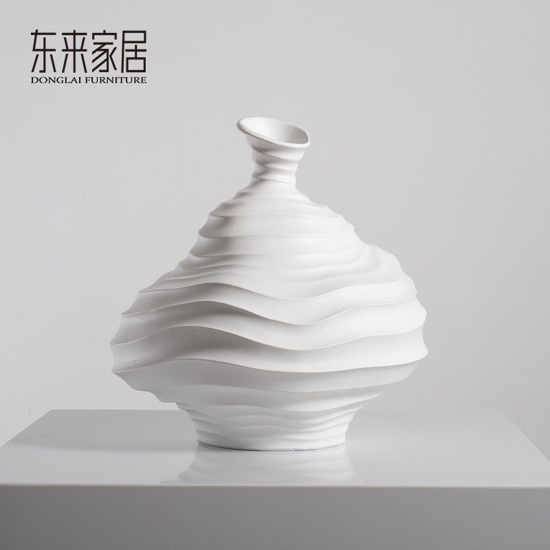 东来家居创意梯田纹路纯白色花瓶现代极简风波浪花器玄关陈设摆件