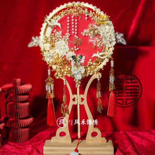 团扇结婚新娘秀禾双色双面红色喜扇手工高级婚礼扇子diy材料包