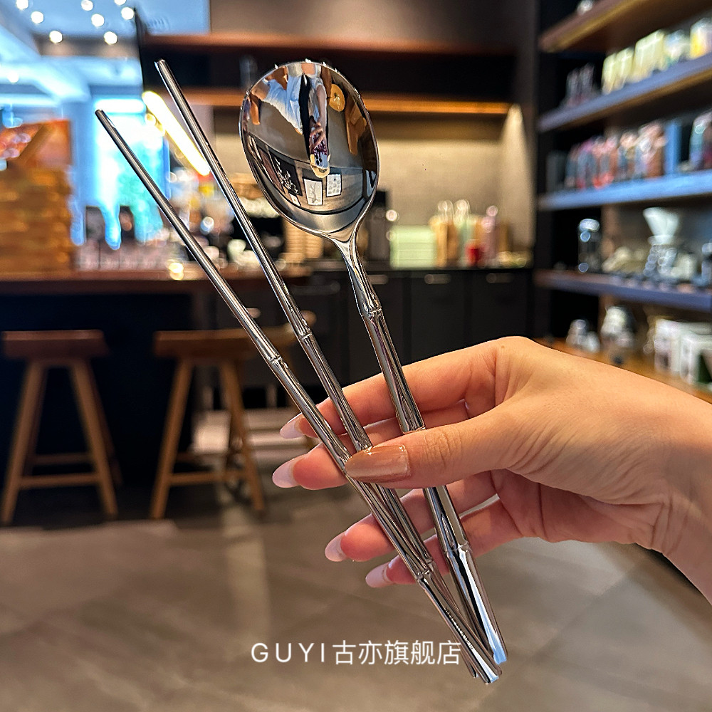 韩式勺筷套装!出口高端设计1810不锈钢主餐勺子吃饭勺便携筷子