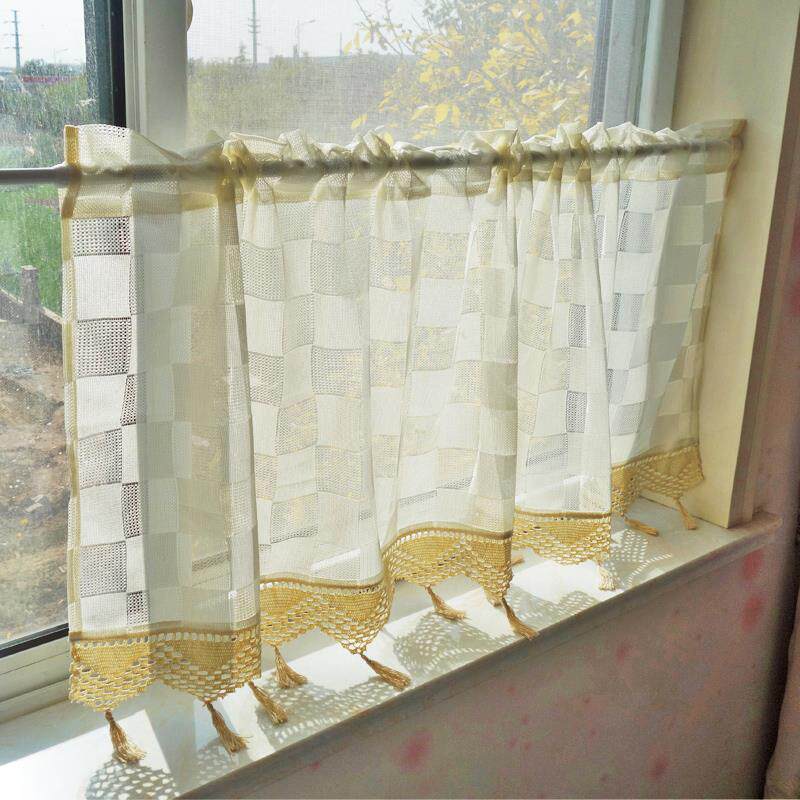 免打孔简约双色格子纱帘简易小窗户窗帘厨房半帘短门帘飘窗魔术贴