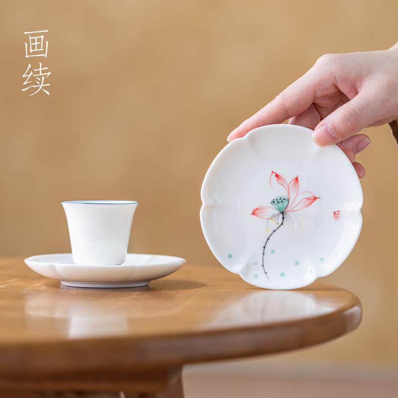 画续白瓷手绘清韵花瓣杯垫陶瓷茶杯托隔热防烫茶杯垫茶道隔热垫
