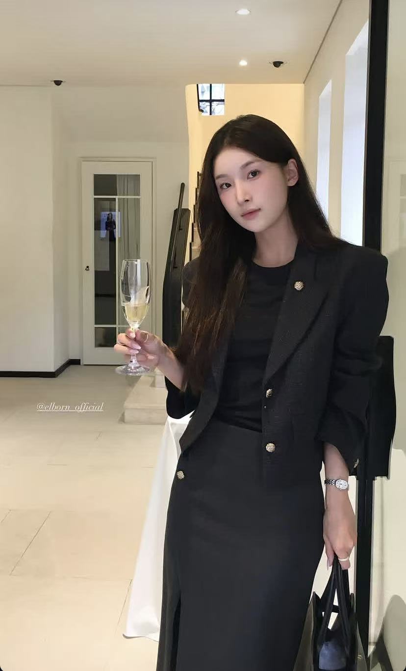 韩国品牌 ELBORN 翻领 金扣 羊毛格纹西装