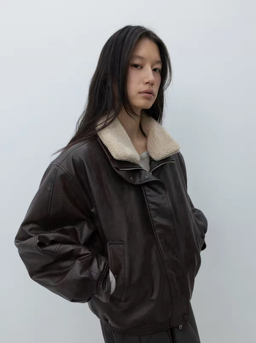 韩国品牌 LOWCLASSIC 可拆卸毛领 皮衣夹克