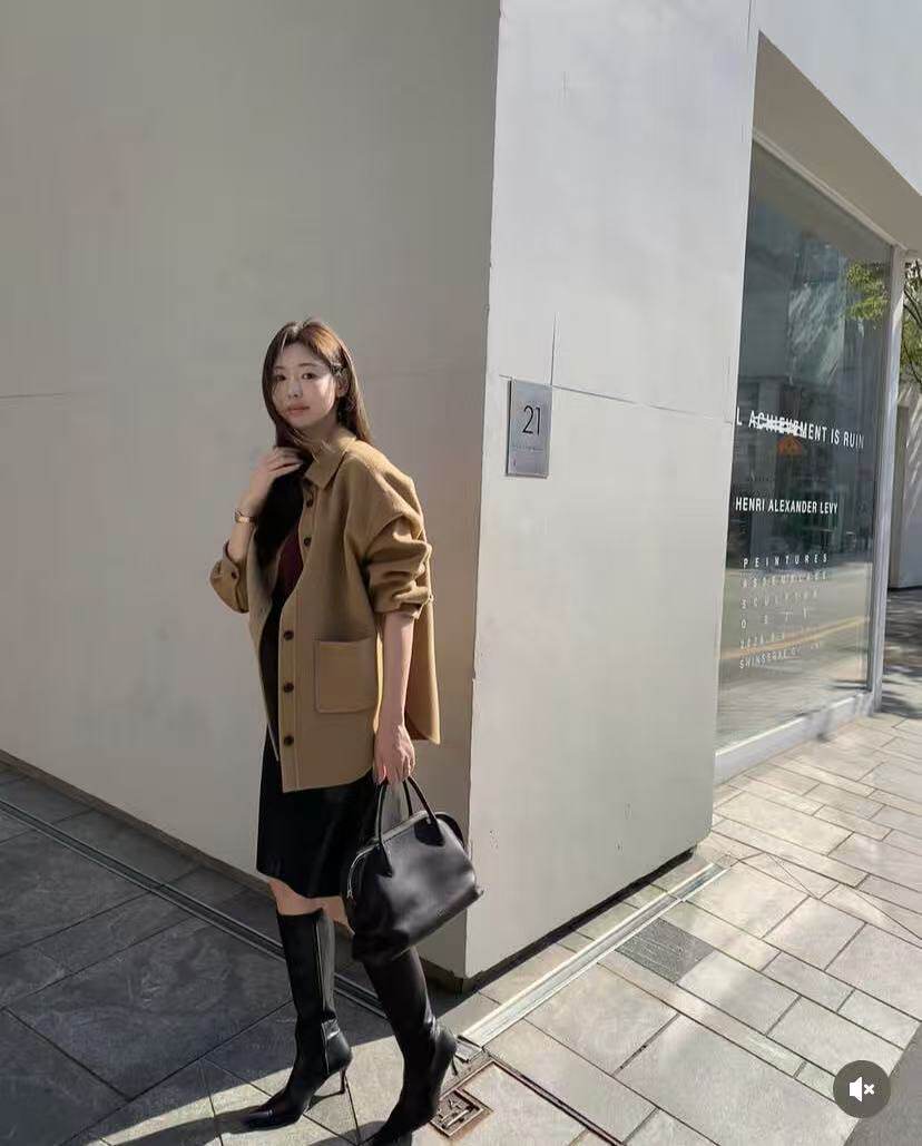 韩国品牌 LAPLA 翻领 单排扣 双面羊毛羊绒大衣