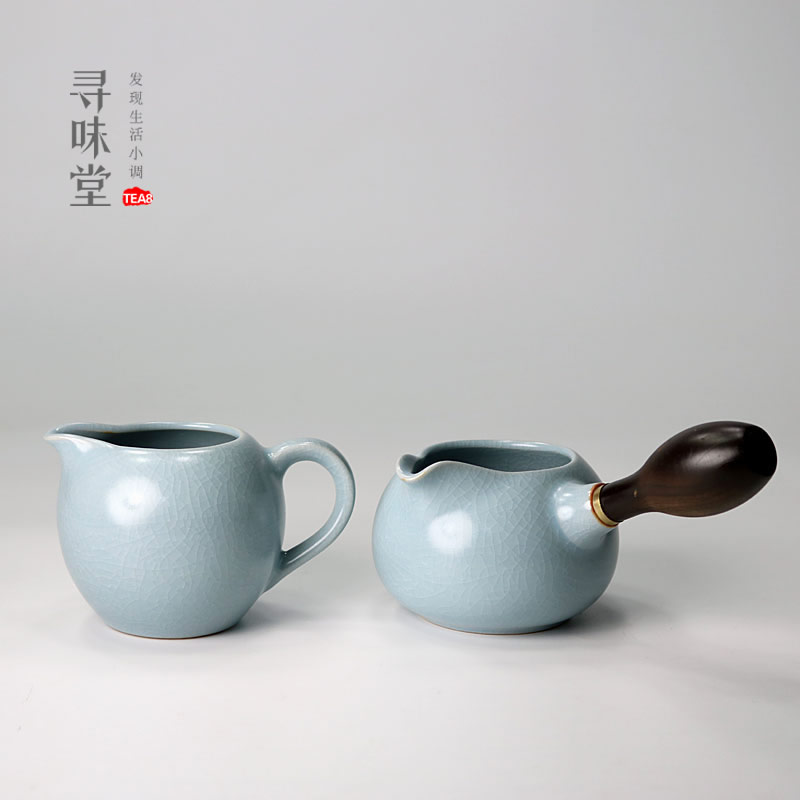 天蓝汝窑公道杯高档复古汝瓷茶海木把公杯分茶杯匀杯功夫茶具