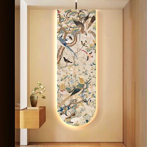 2024新款中古风花鸟祥和玄关装饰画高端走廊过道尽头挂画发光灯画