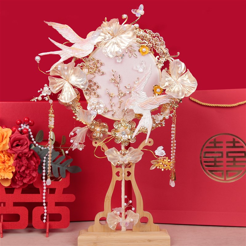 雪亭坊定制造花液秀禾喜扇婚礼新娘减龄结婚蓝色双面圈团扇材料包