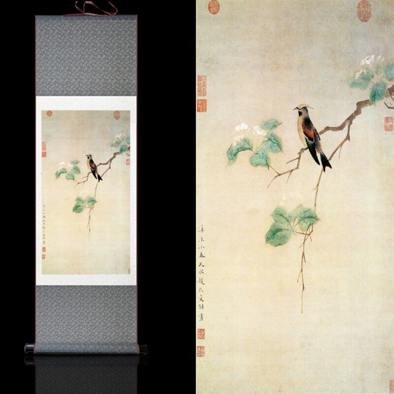 喜上枝头花鸟古韵茶室挂轴走廊装饰古典挂画书房办公室卷轴壁画