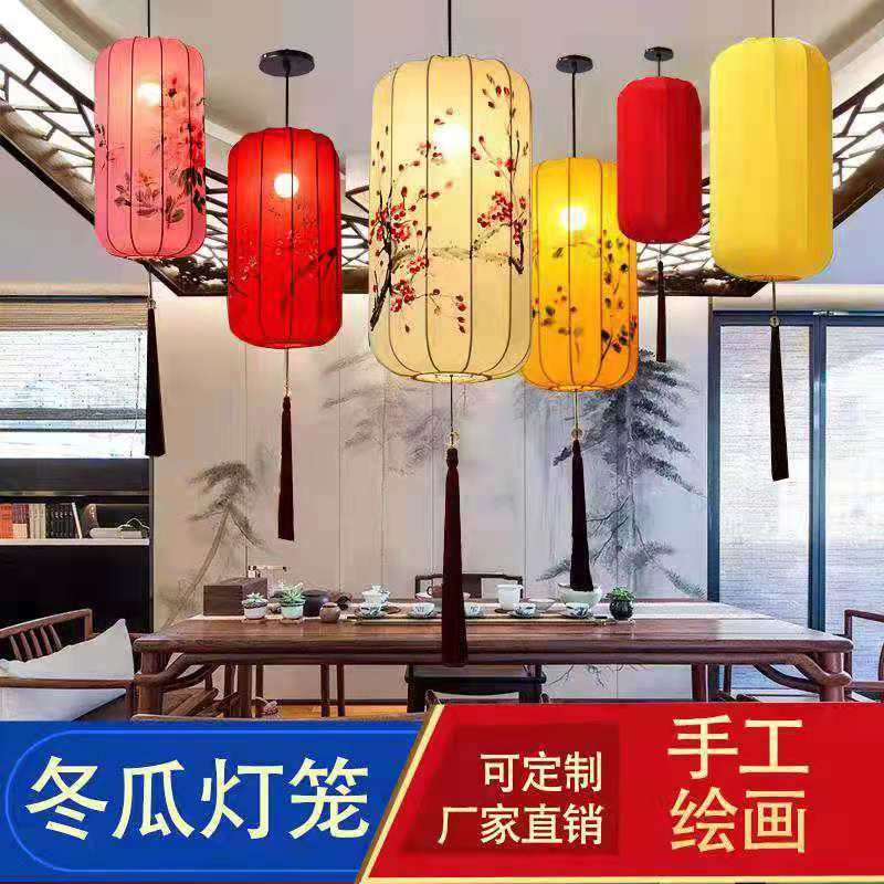 中式布艺手绘灯笼仿古典宫灯餐厅茶楼过道创意冬瓜长形布艺吊灯具