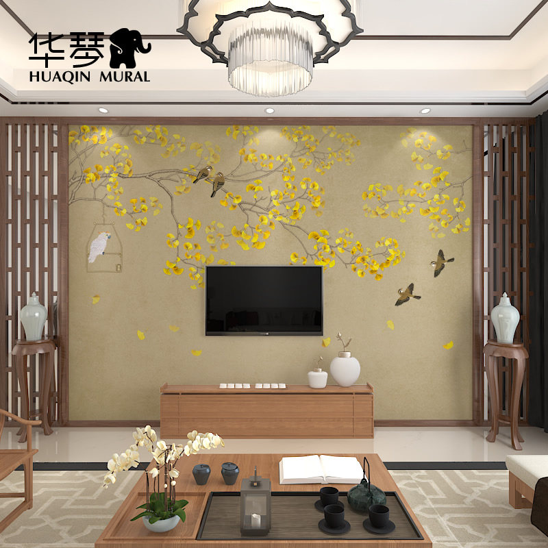古风中式花鸟壁画电视背景墙壁纸银杏叶客厅沙发墙纸卧室无缝墙布