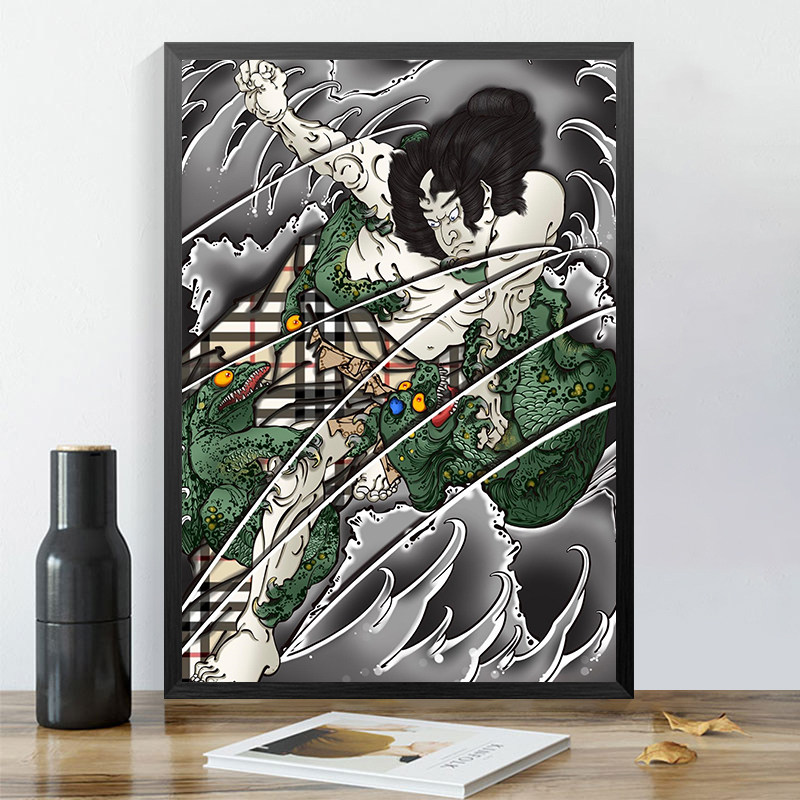a4纹身海报框画装饰画传统武士刺青相框客厅走廊墙壁玄关背景挂画