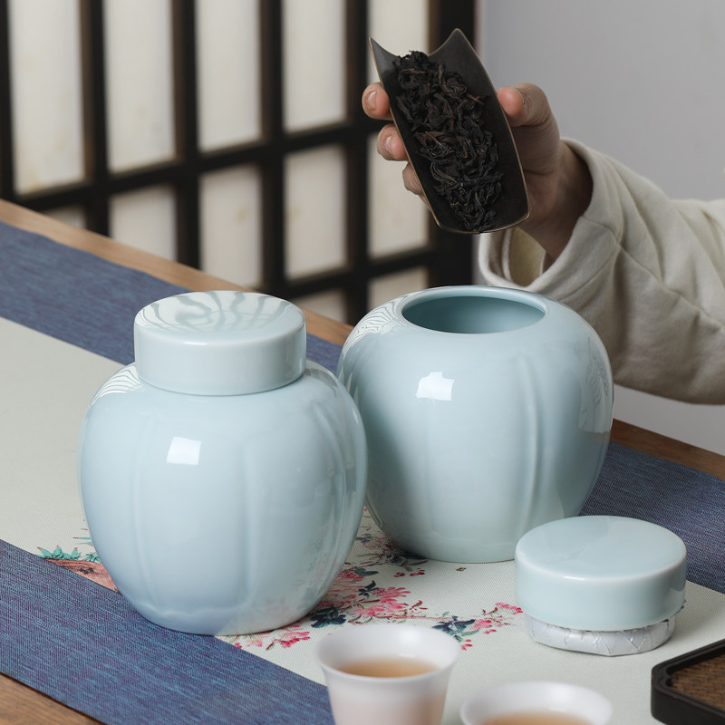 青瓷茶叶罐中小号普洱茶白茶罐便携式储茶罐中式布袋礼盒龙井茶缸