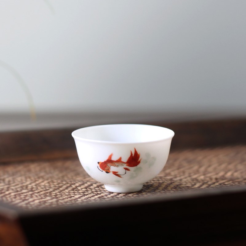 复古传统潮州功夫茶具茶杯彩瓷杯手绘金鱼小杯单丛茶若深蛋壳茶杯