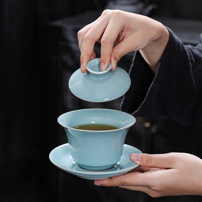 悬停天青汝窑三才盖碗泡茶杯碗单个开片可养功夫茶具高档家用陶瓷