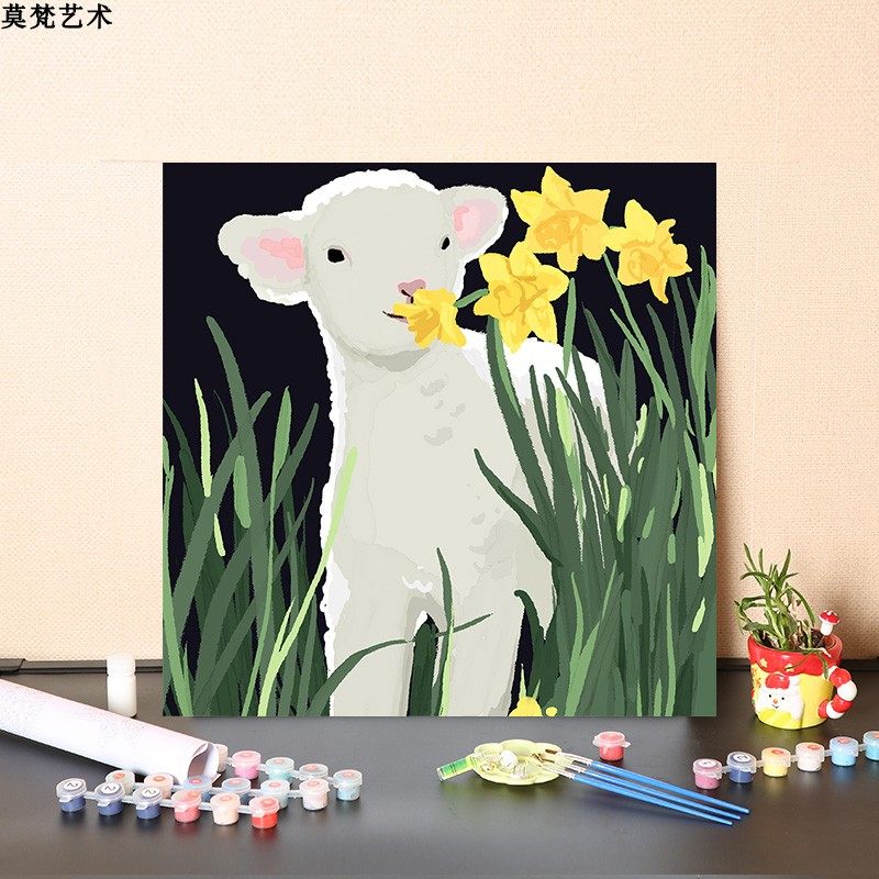 数字油画diy手工填充可爱治愈系小羊涂色羊驼填色手绘丙烯油彩画