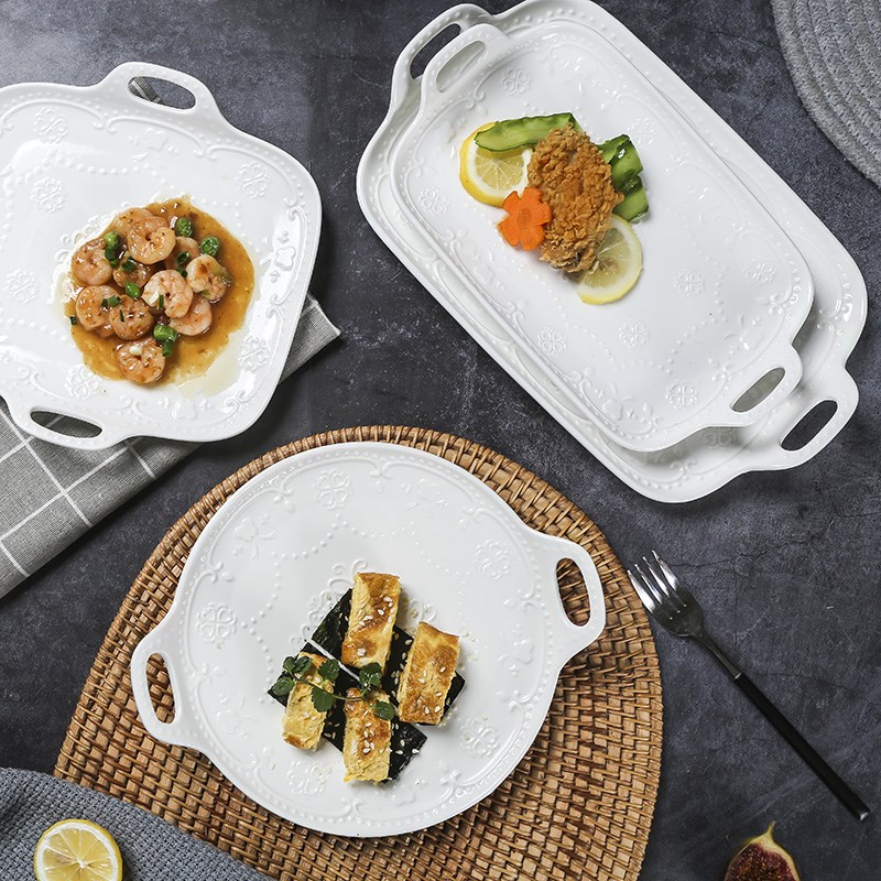 欧式双耳盘家用鱼盘陶瓷餐具菜盘子长方形寿司盘微波炉用浮雕圆盘
