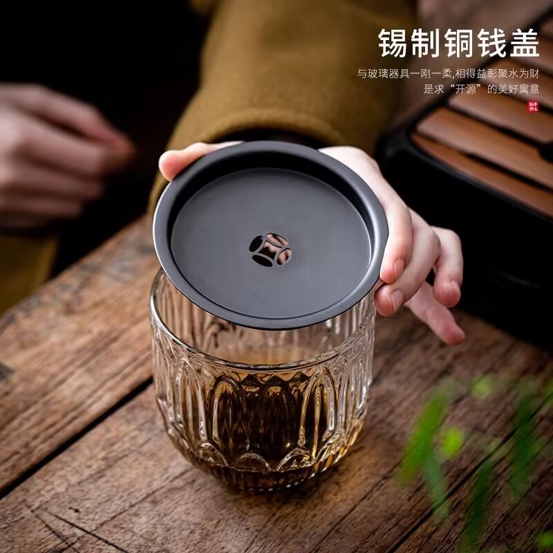 小号玻璃建水家用茶渣缸过滤壶承带盖茶洗茶缸茶盂茶水桶茶具配件