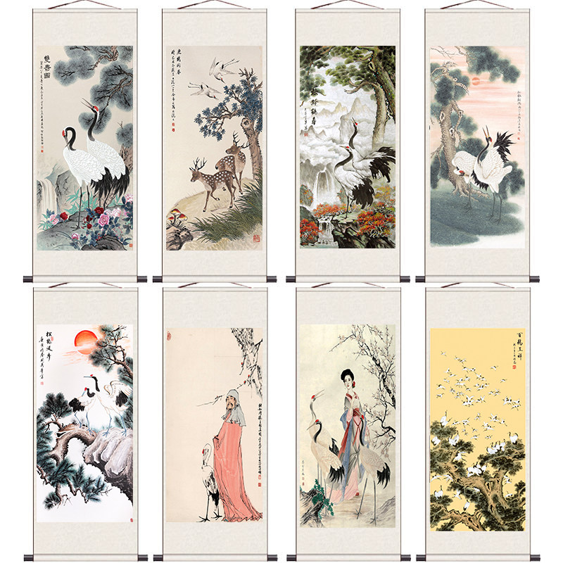 松鹤延年仙鹤寿桃梅鹤国画名人壁画丝绸画客厅玄关书房装饰画定制
